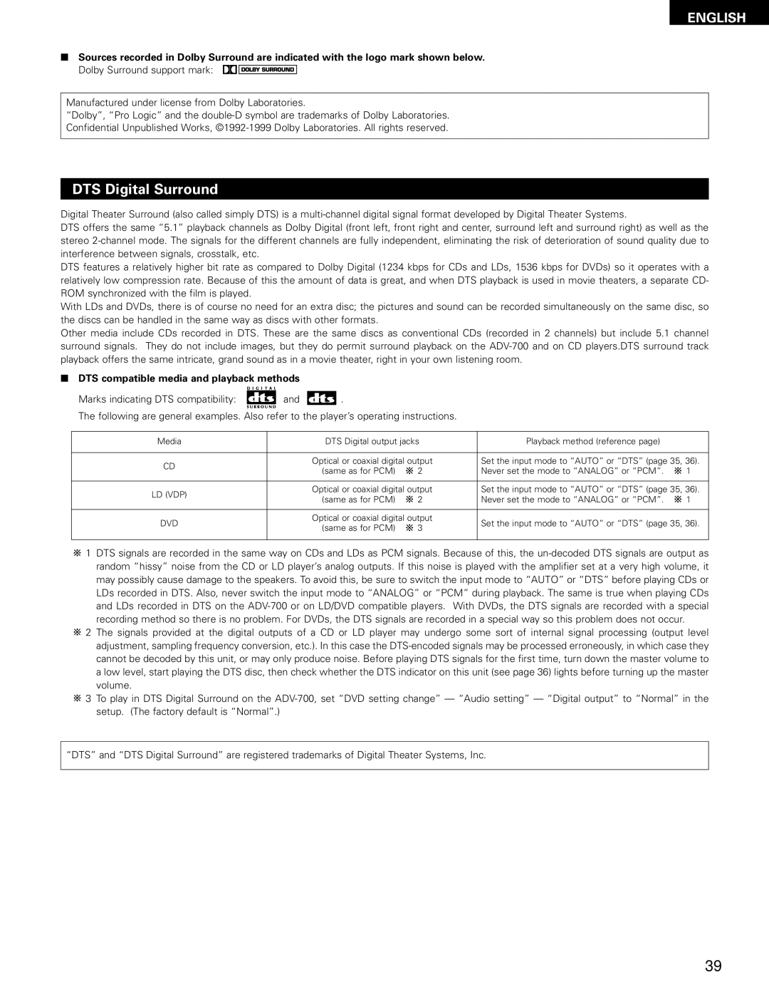 Denon ADV-700 manual DTS Digital Surround, DTS compatible media and playback methods 