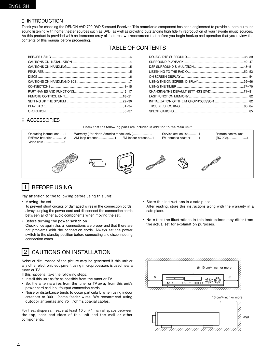 Denon ADV-700 manual Table of Contents, Before Using 