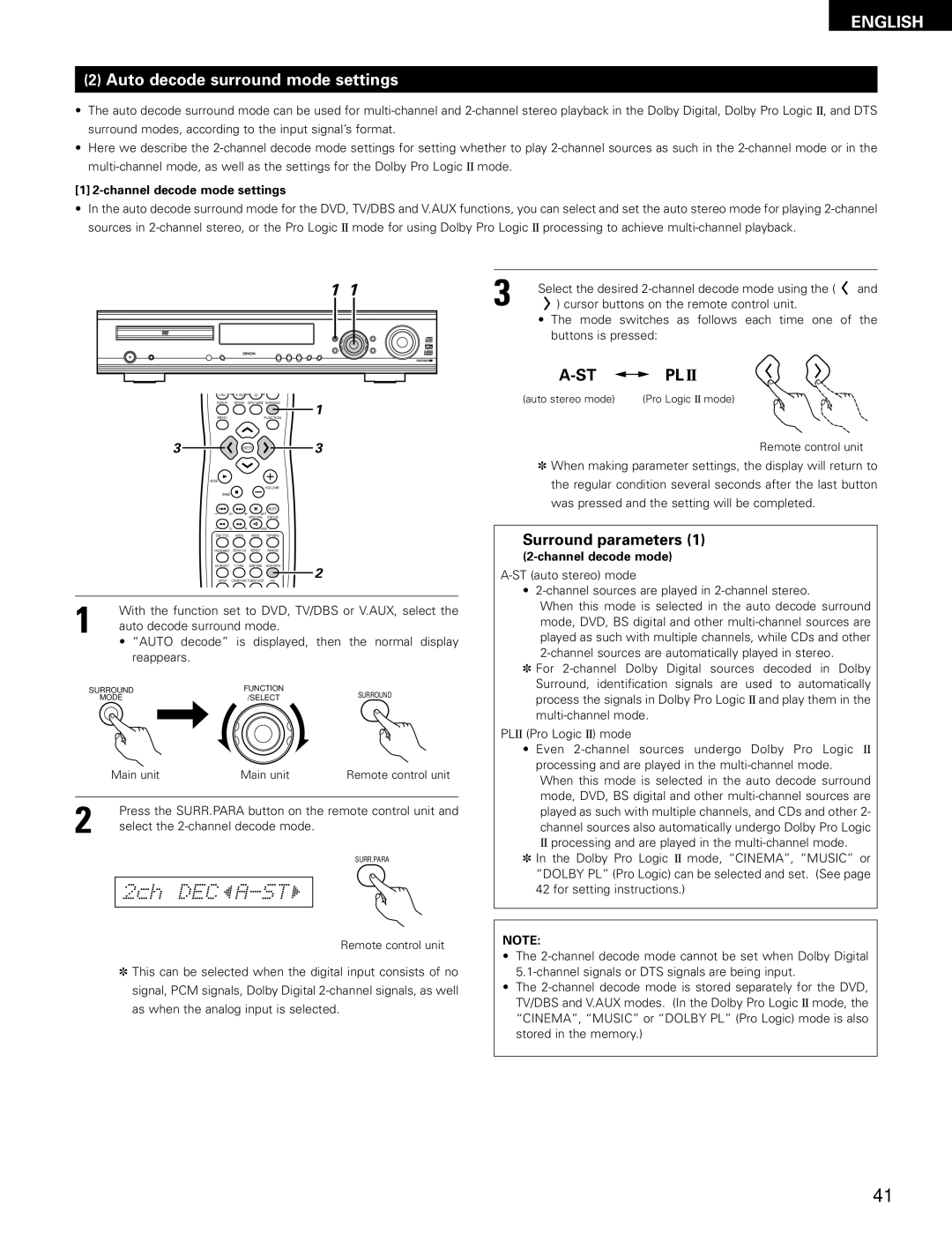 Denon ADV-700 manual Auto decode surround mode settings, Channel decode mode settings 