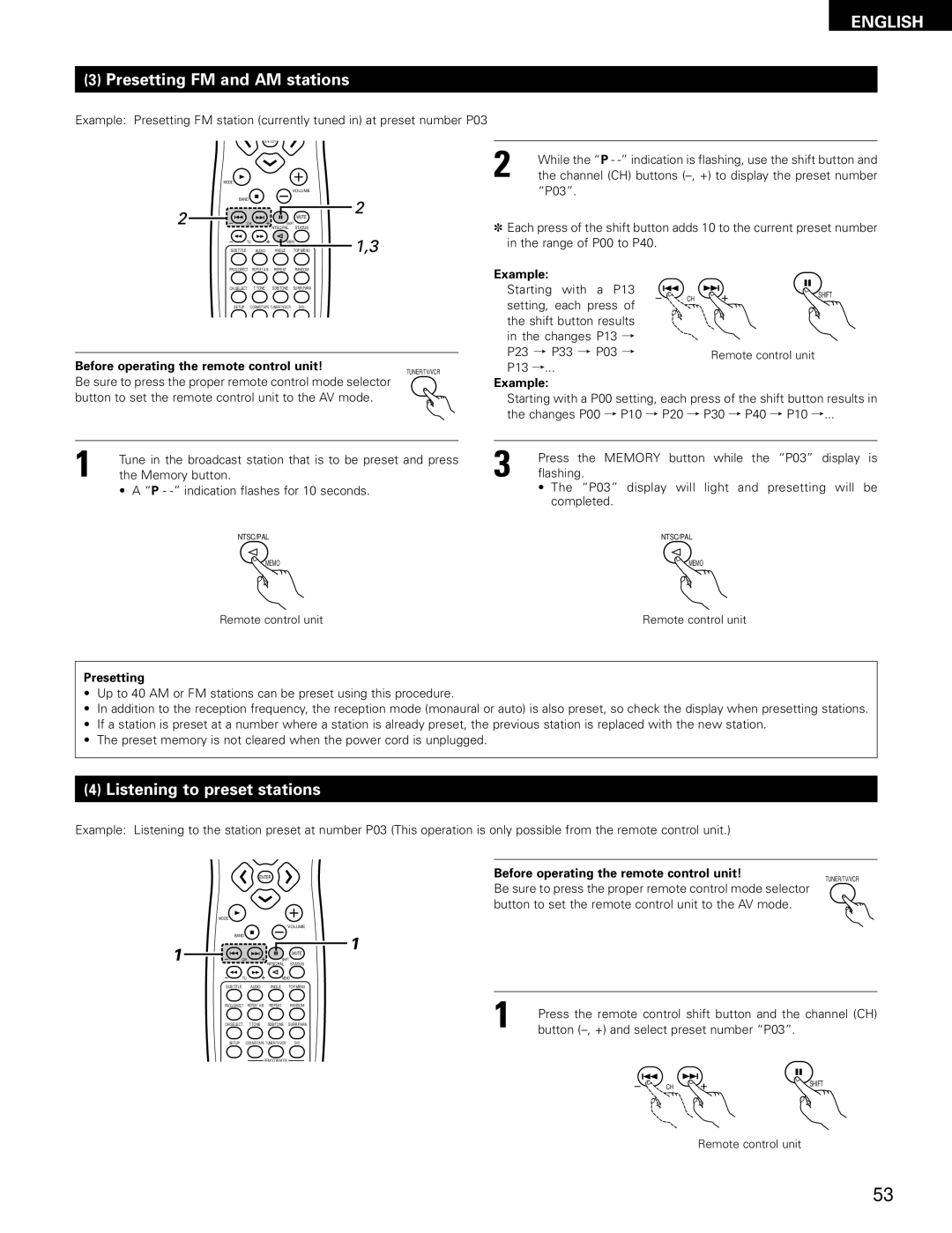 Denon ADV-700 manual Presetting FM and AM stations, Listening to preset stations, Example 