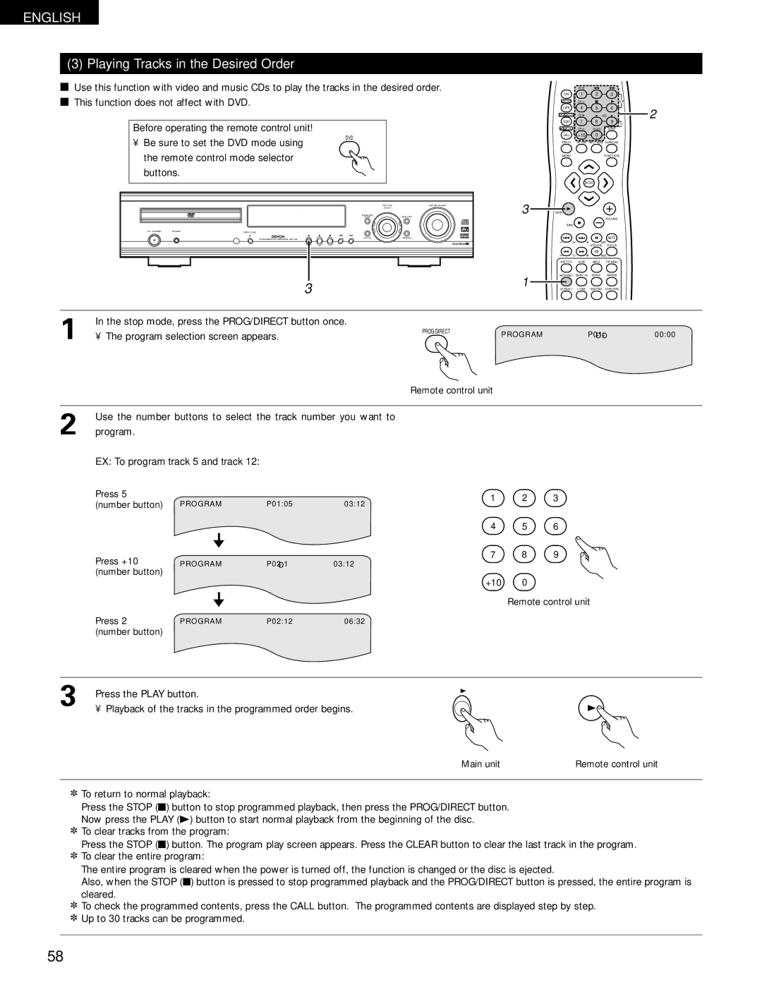 Denon ADV-700 manual Playing Tracks in the Desired Order, EX To program track 5 and track, Press the Play button 