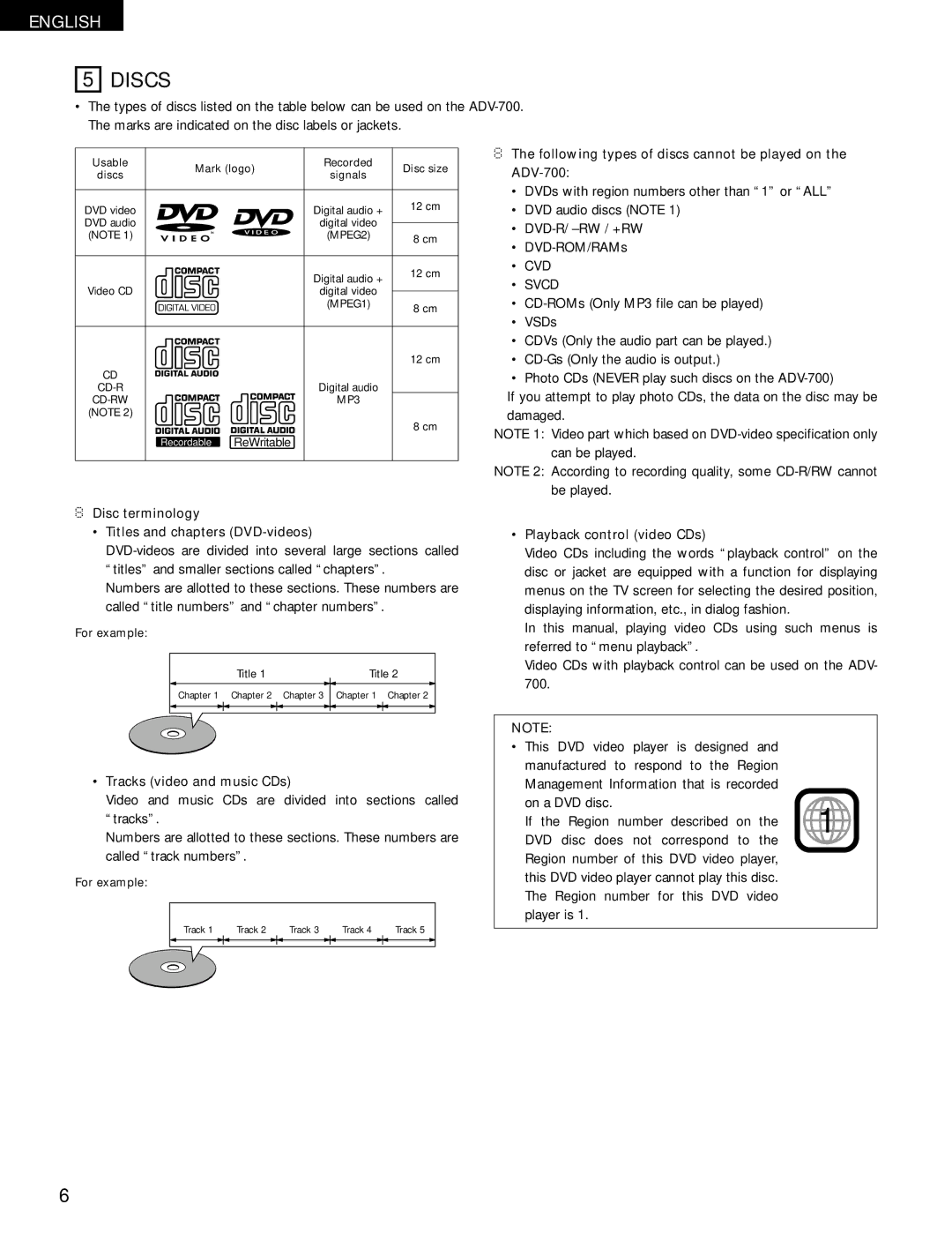 Denon ADV-700 manual Discs, Disc terminology Titles and chapters DVD-videos, Tracks video and music CDs 