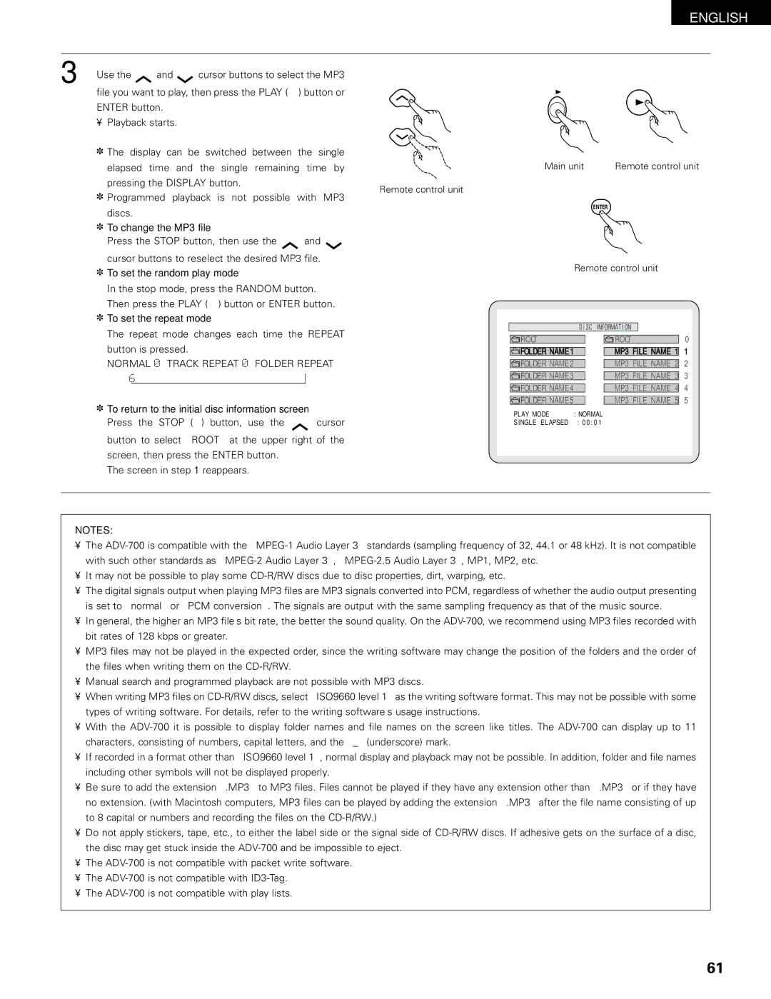 Denon ADV-700 manual To change the MP3 file, To set the random play mode, To set the repeat mode 