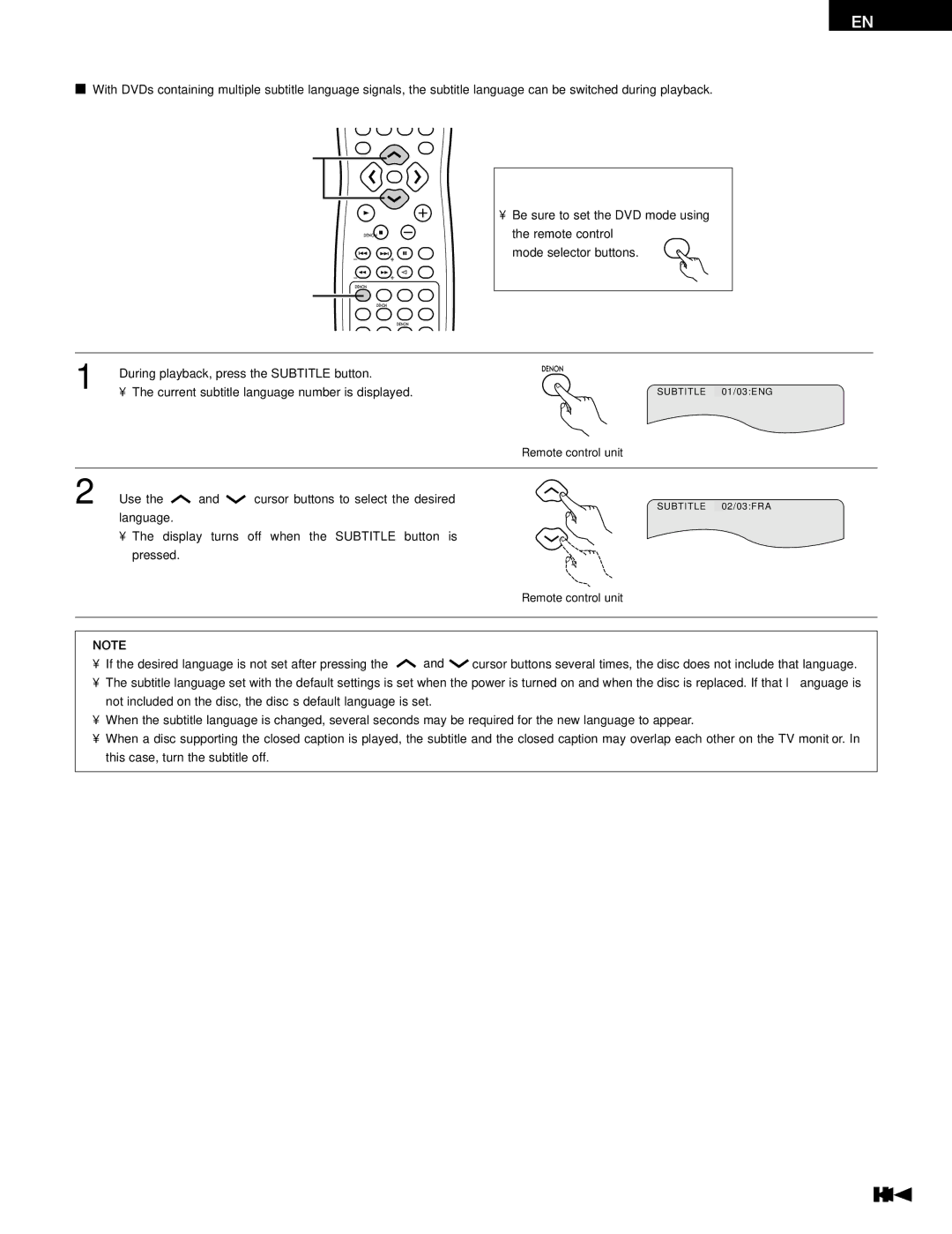 Denon ADV-700 Switching the Subtitle Language Multiple Subtitle Function, Be sure to set the DVD mode using Remote control 