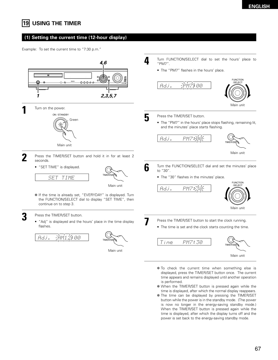 Denon ADV-700 manual Using the Timer, Setting the current time 12-hour display 