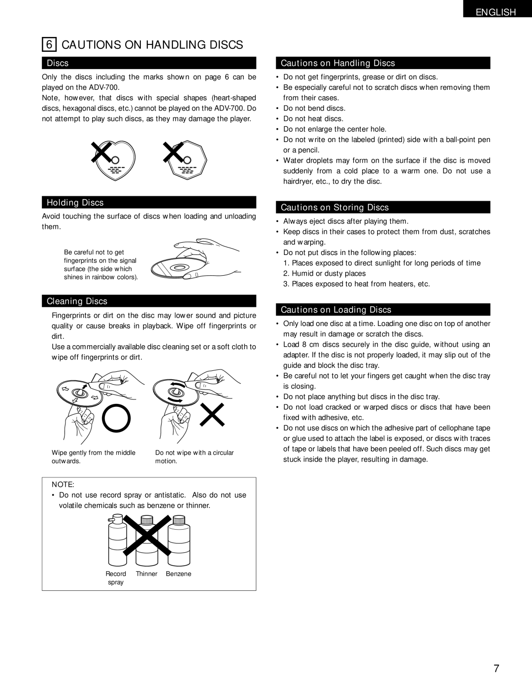 Denon ADV-700 manual Holding Discs, Cleaning Discs 