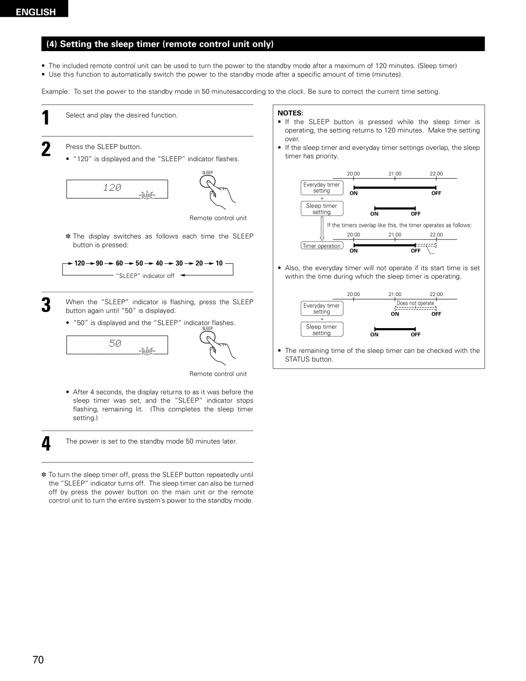 Denon ADV-700 Setting the sleep timer remote control unit only, 120, When the Sleep indicator is flashing, press the Sleep 