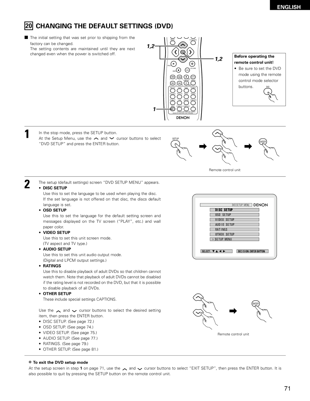 Denon ADV-700 manual Changing the Default Settings DVD 