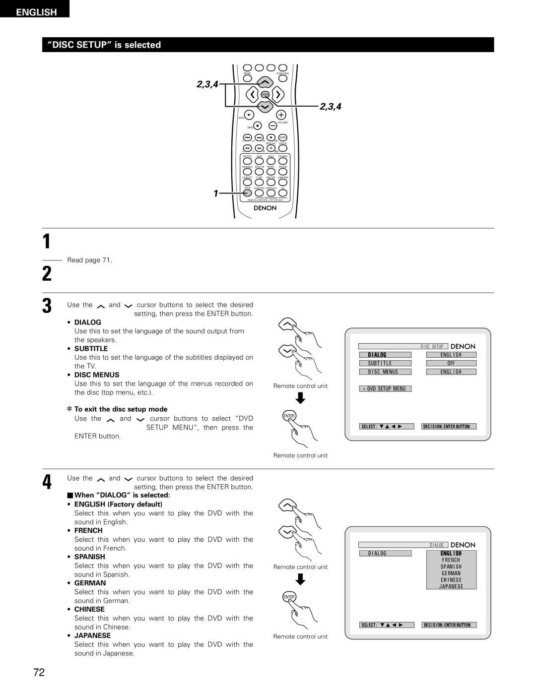 Denon ADV-700 manual Disc Setup is selected 