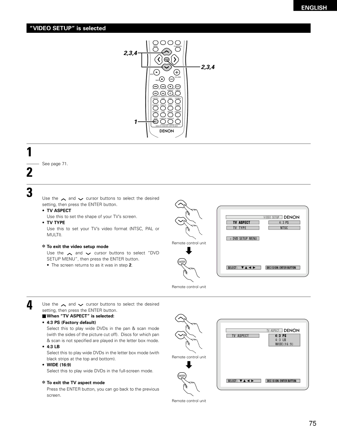 Denon ADV-700 manual Video Setup is selected, TV Aspect, TV Type 