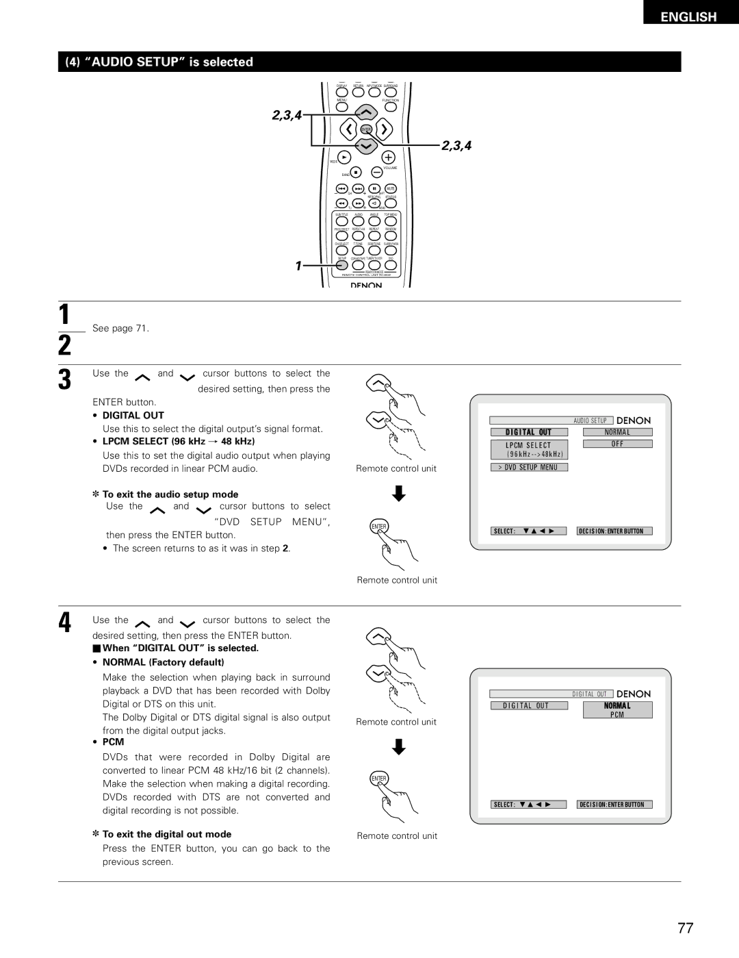 Denon ADV-700 manual Audio Setup is selected, Digital OUT, Pcm 