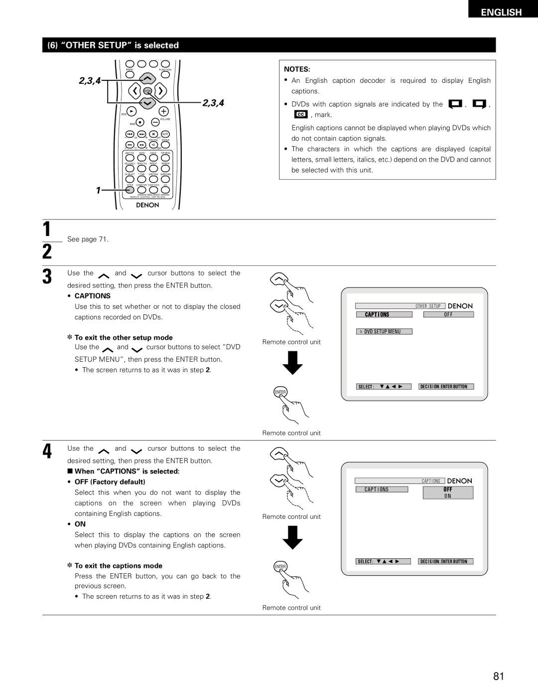 Denon ADV-700 manual Other Setup is selected, Captions, To exit the other setup mode, To exit the captions mode 