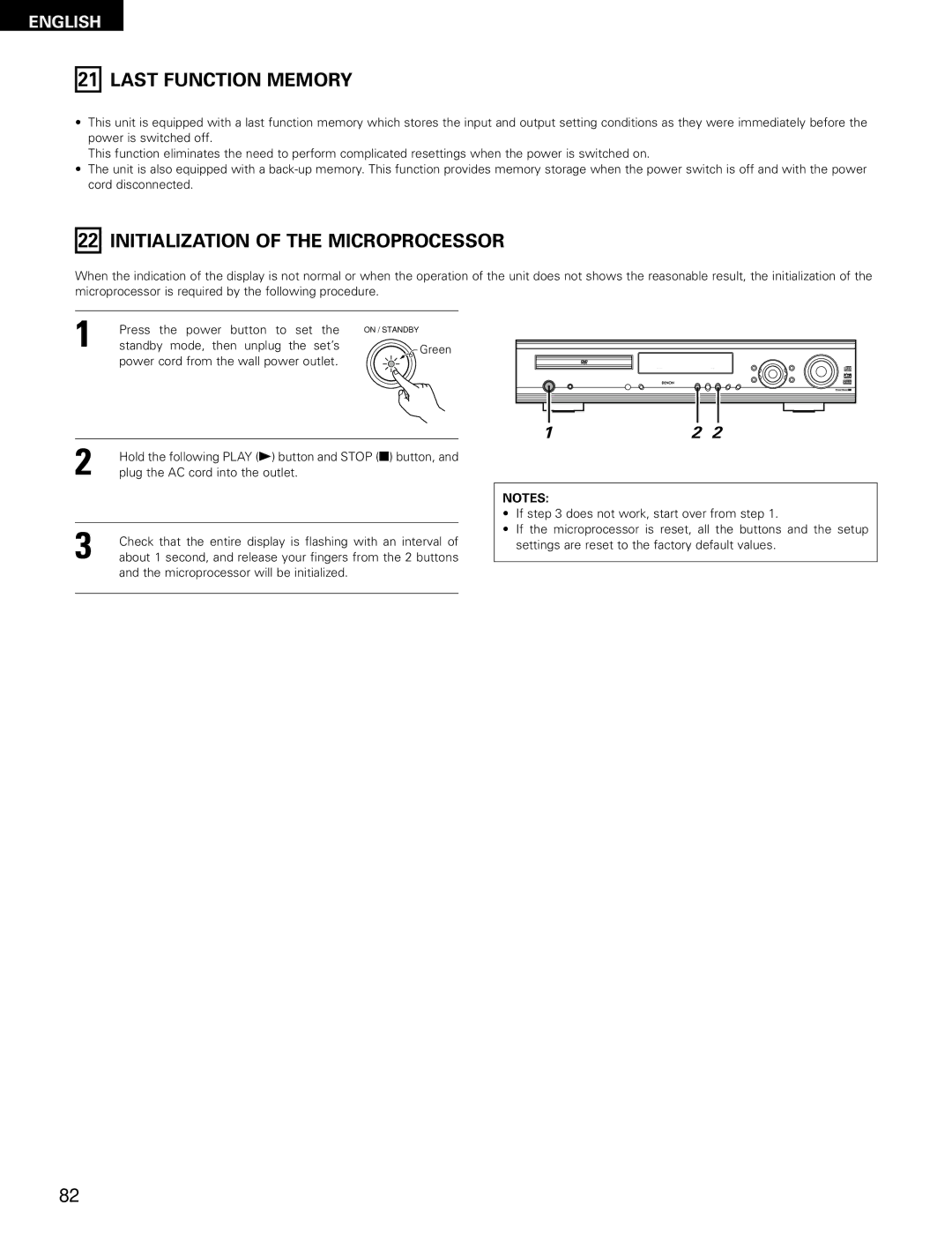 Denon ADV-700 manual Last Function Memory, Initialization of the Microprocessor, Standby mode, then unplug the set’s 