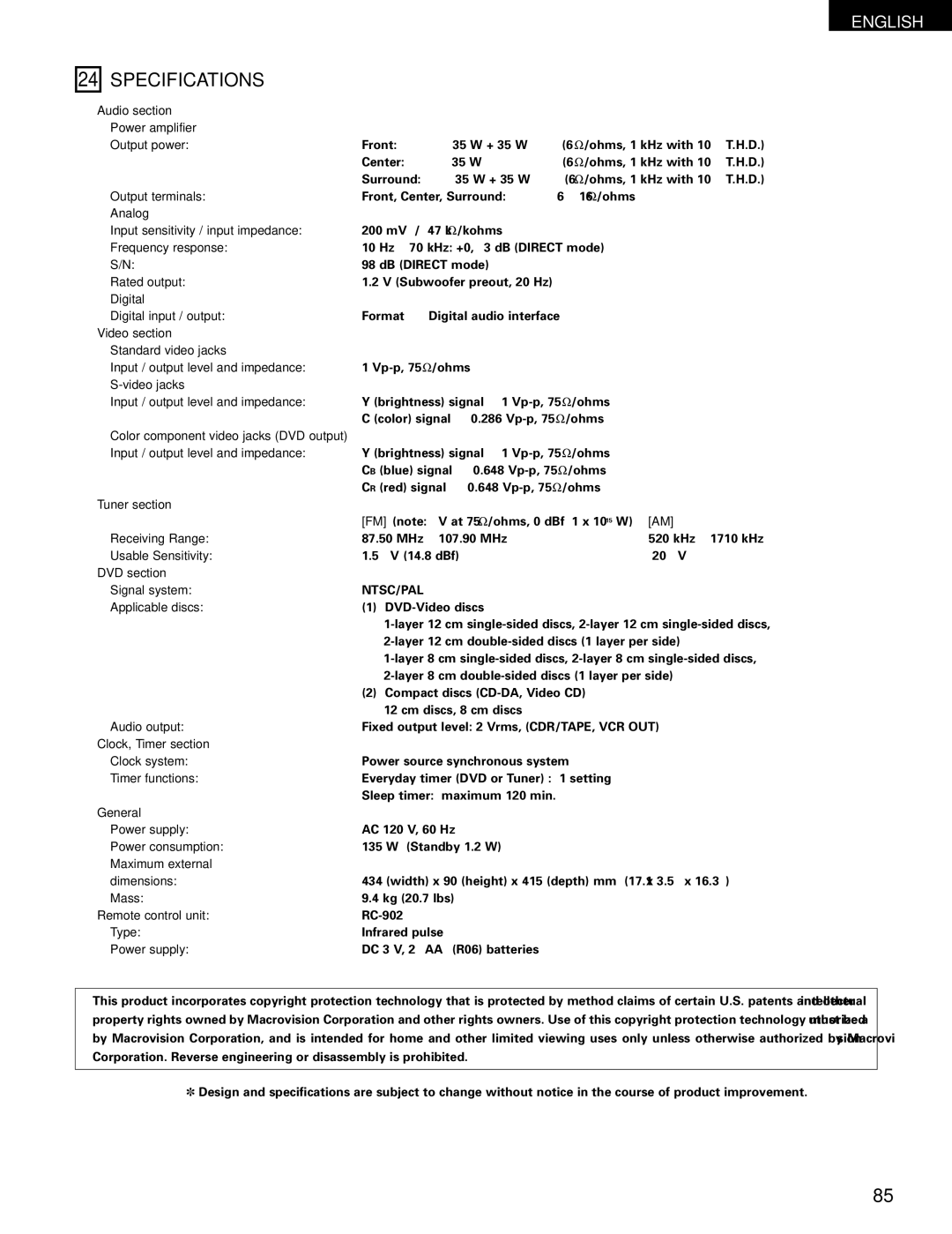 Denon ADV-700 manual Specifications 