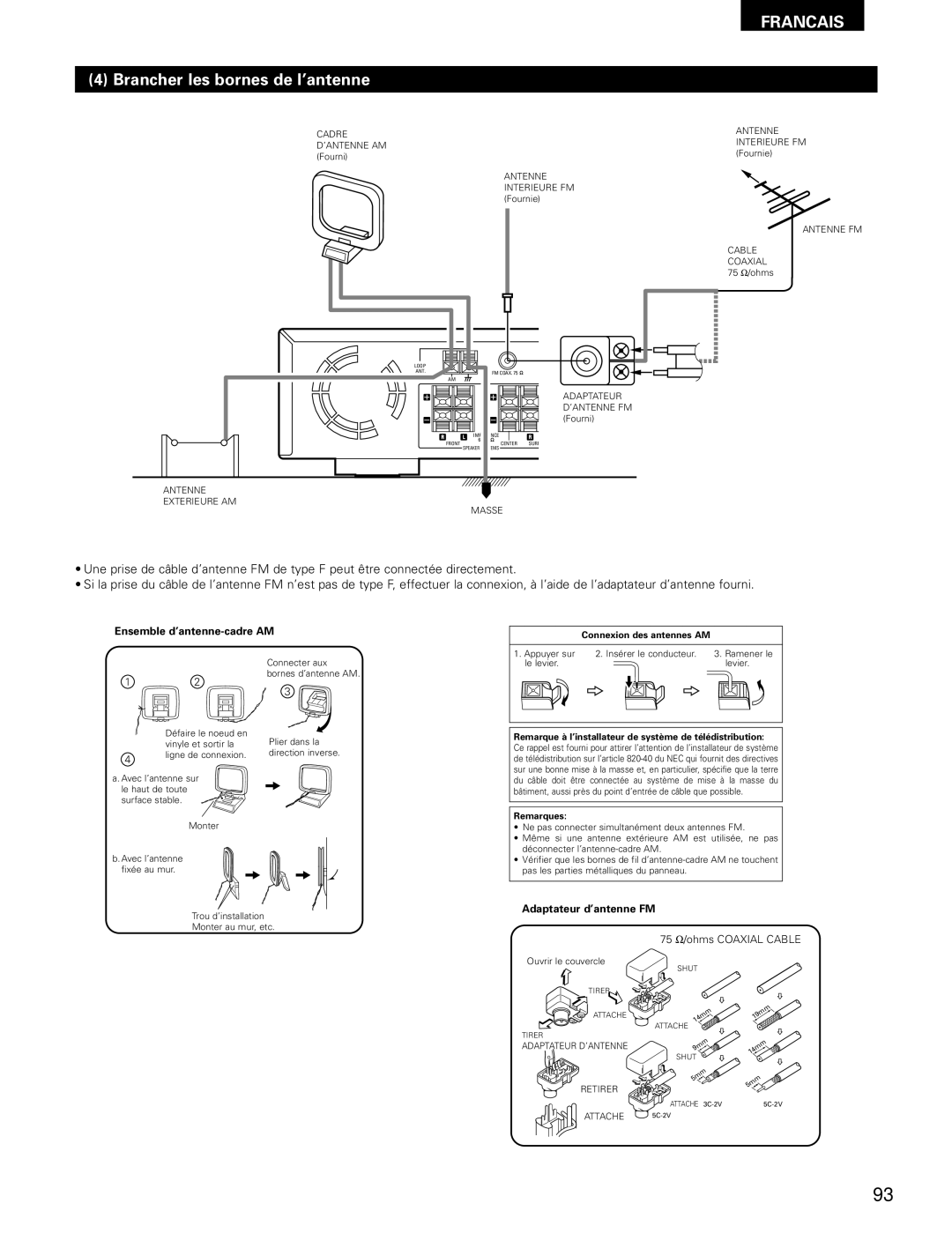 Denon ADV-700 manual Brancher les bornes de l’antenne, Ensemble d’antenne-cadre AM, Adaptateur d’antenne FM 