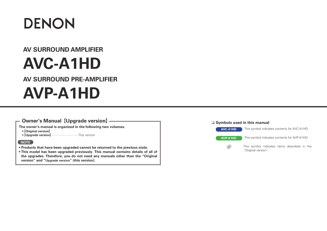 Denon AVC-A1HD, AVP-A1HD owner manual Symbols used in this manual, GOriginal versionH 