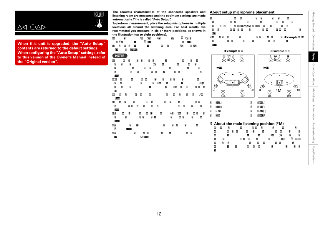 Denon AVC-A1HD, AVP-A1HD Auto Setup, About setup microphone placement, About the main listening position *M, Sbl, Sbr 