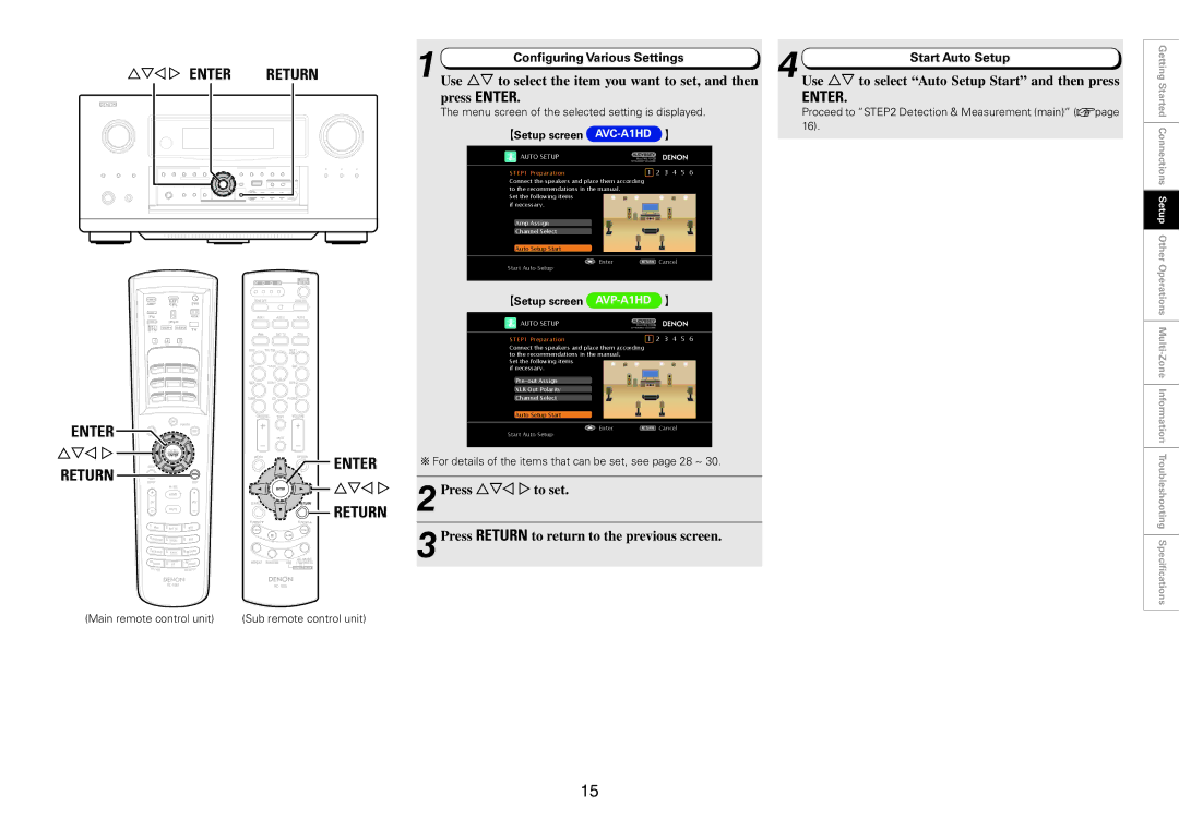 Denon AVP-A1HD, AVC-A1HD owner manual Return, Configuring Various Settings, Start Auto Setup 