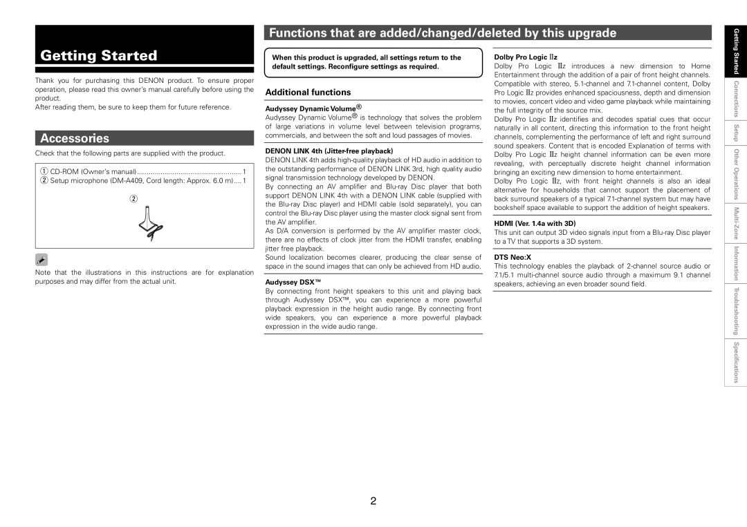 Denon AVC-A1HD, AVP-A1HD owner manual Getting Started, Functions that are added/changed/deleted by this upgrade, Accessories 