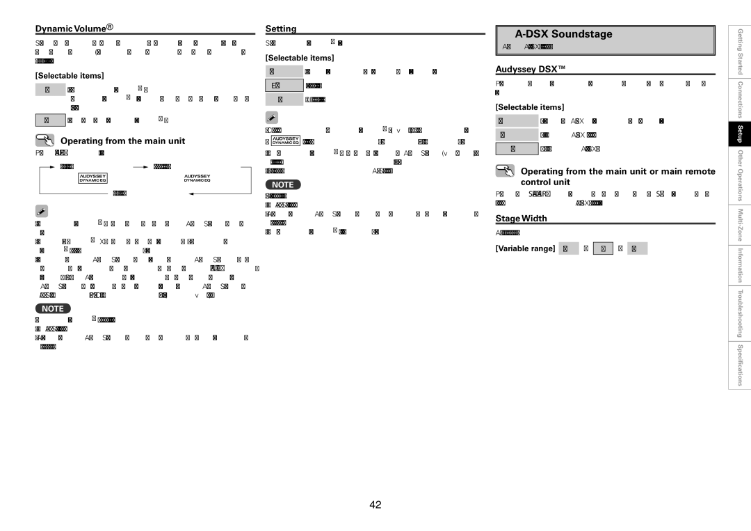 Denon AVC-A1HD, AVP-A1HD owner manual FA-DSX Soundstage, Dynamic Volume, Audyssey DSX, Stage Width, Variable range +10 