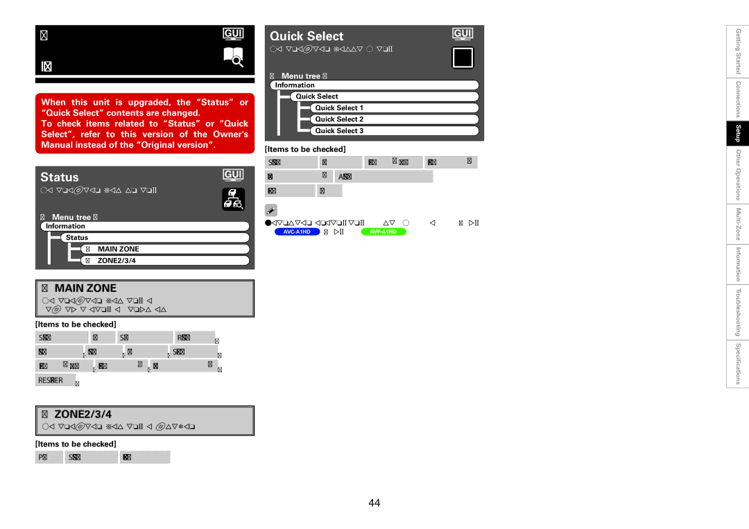 Denon AVC-A1HD, AVP-A1HD owner manual Information, Status, Quick Select, AMAIN Zone, SZONE2/3/4 