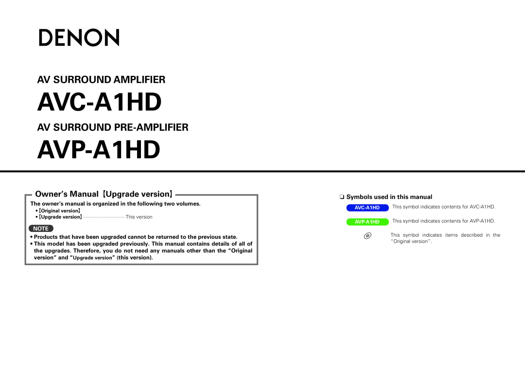 Denon AVC-A1HD owner manual AVP-A1HD, Av Surround Amplifier, Av Surround Pre-Amplifier, n Symbols used in this manual 