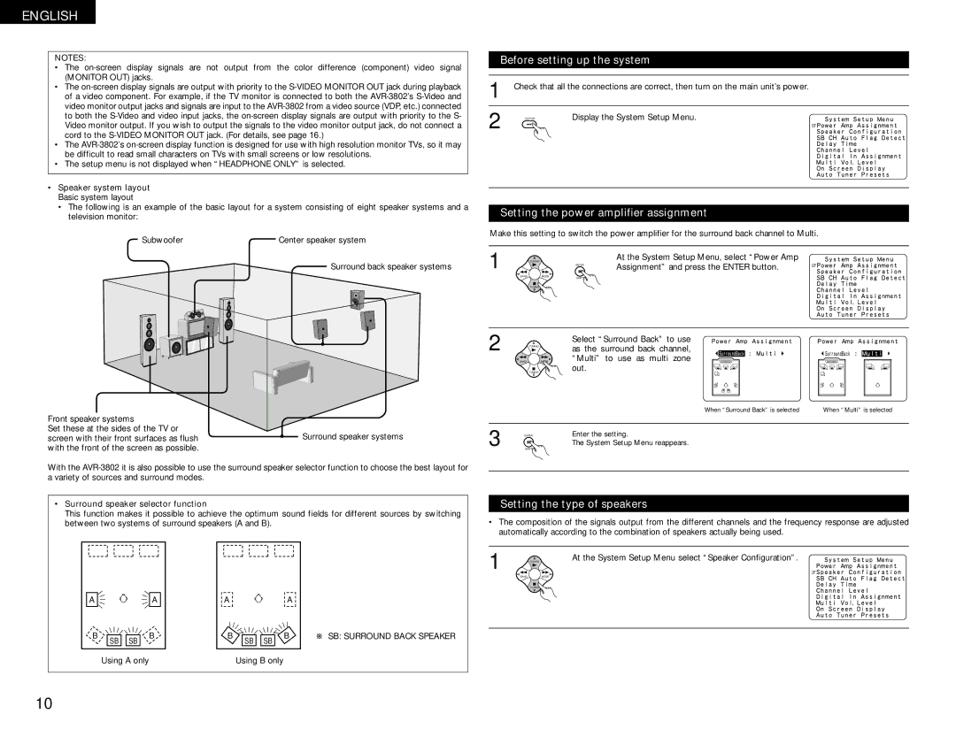 Denon AVR-1082 manual Before setting up the system, Setting the power amplifier assignment, Setting the type of speakers 