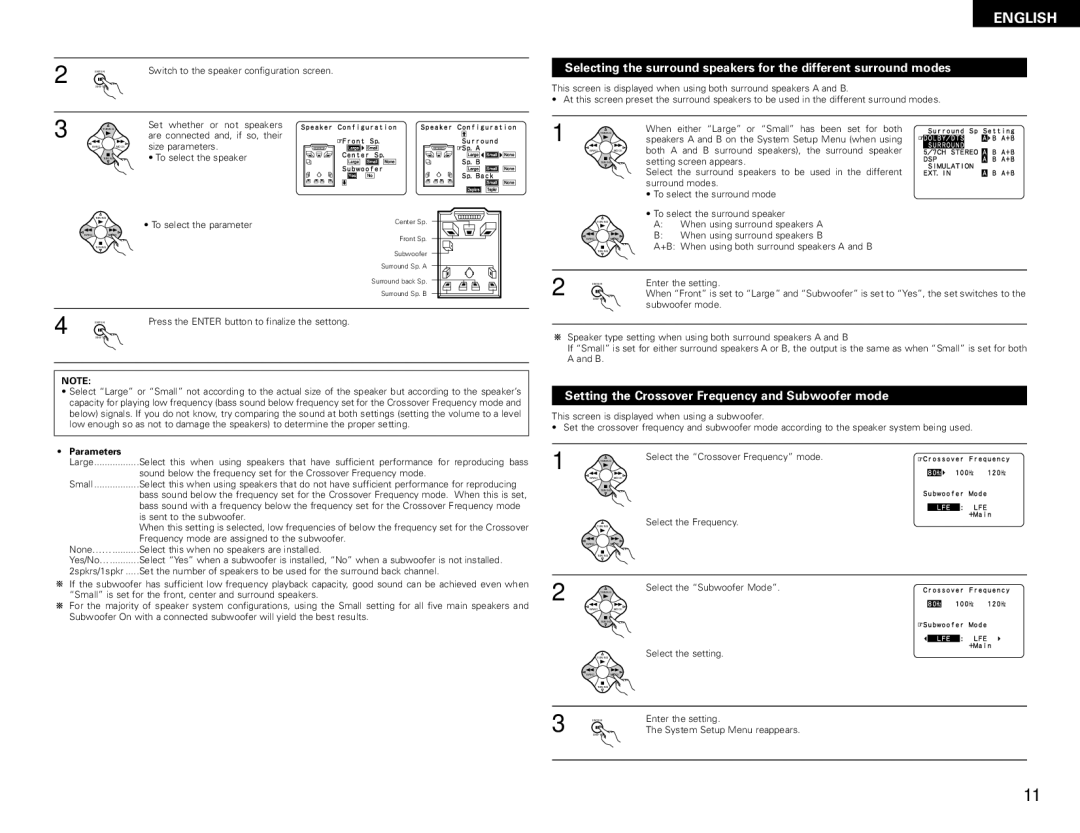 Denon AVR-1082 manual Setting the Crossover Frequency and Subwoofer mode, Parameters 