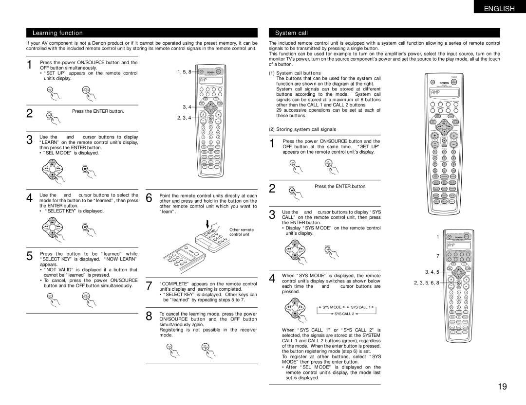 Denon AVR-1082 manual Learning function, System call buttons, Storing system call signals, 5, 6 