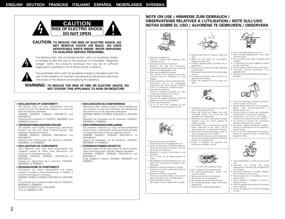 Denon AVR-1082 manual Questo Prodotto E’ Conforme, AL D.M /08/95 N 