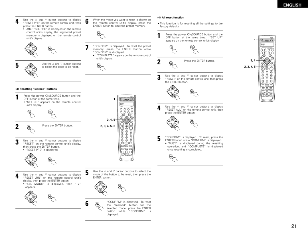 Denon AVR-1082 manual Resetting learned buttons, All reset function, Enter 