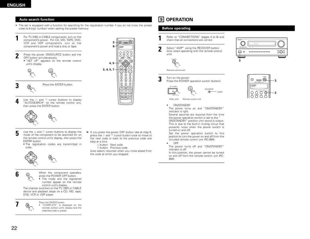 Denon AVR-1082 manual Operation, Auto search function, Before operating, ¢On/Standby 