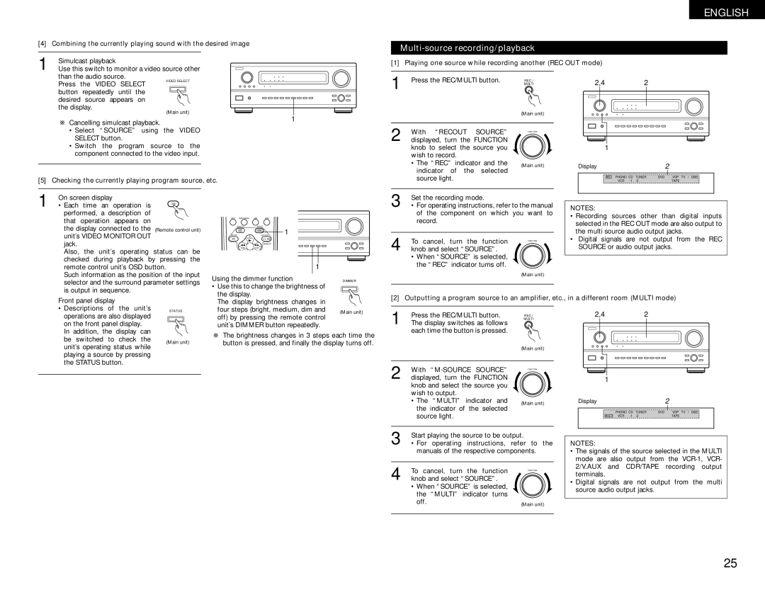 Denon AVR-1082 manual Multi-source recording/playback, Playing one source while recording another REC OUT mode, Source 