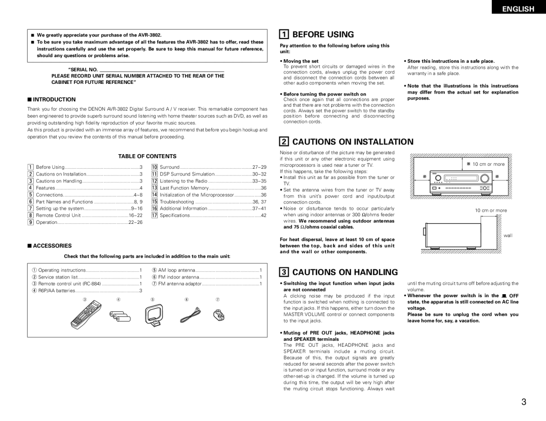 Denon AVR-1082 manual Before Using, English 