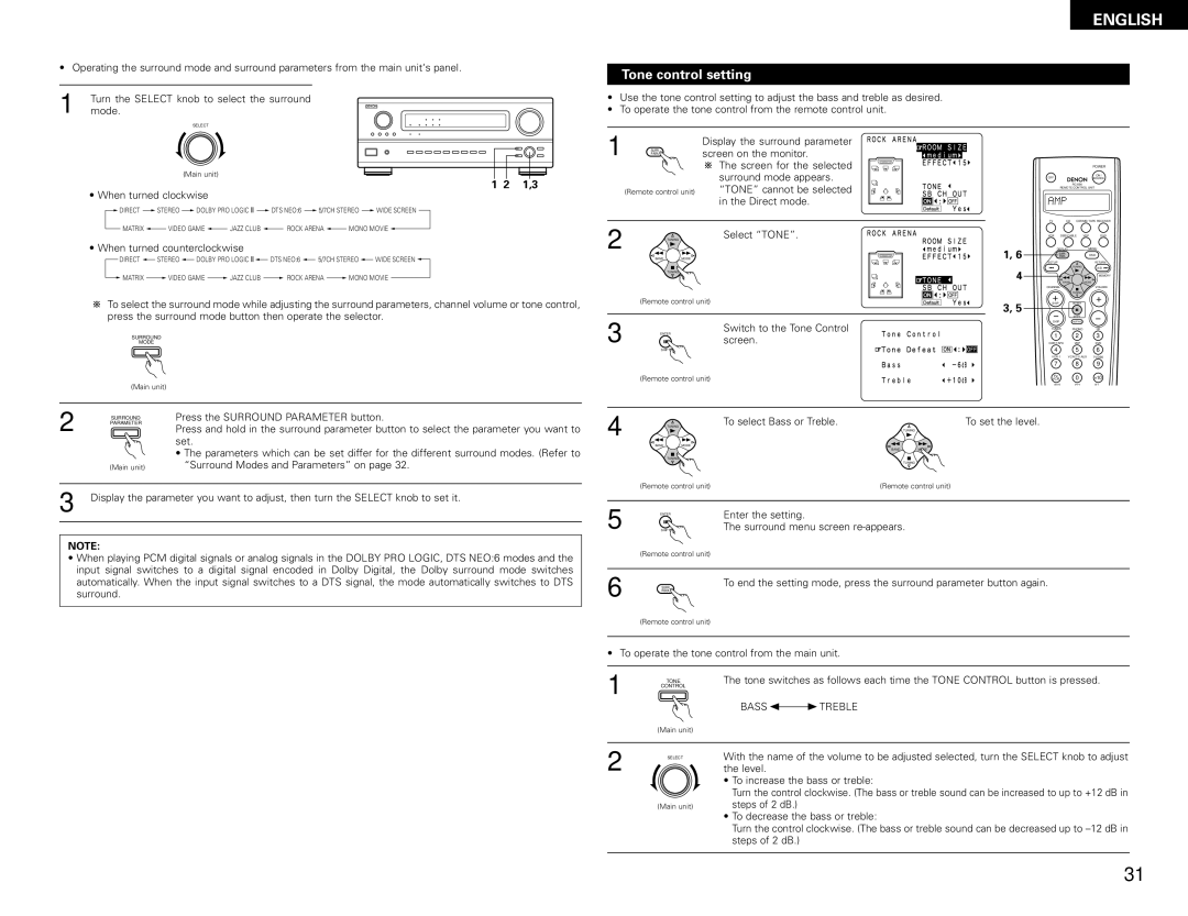 Denon AVR-1082 manual Tone control setting, Bass 1TREBLE 