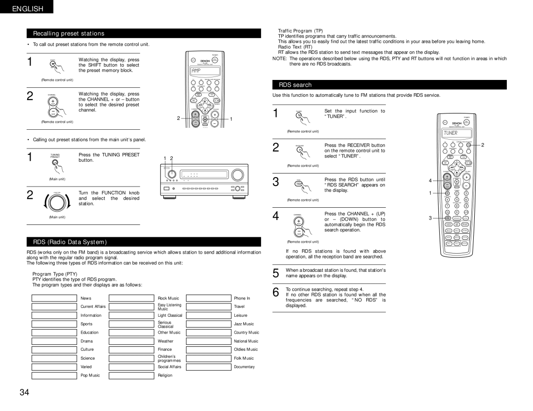 Denon AVR-1082 manual Recalling preset stations, RDS search, RDS Radio Data System 