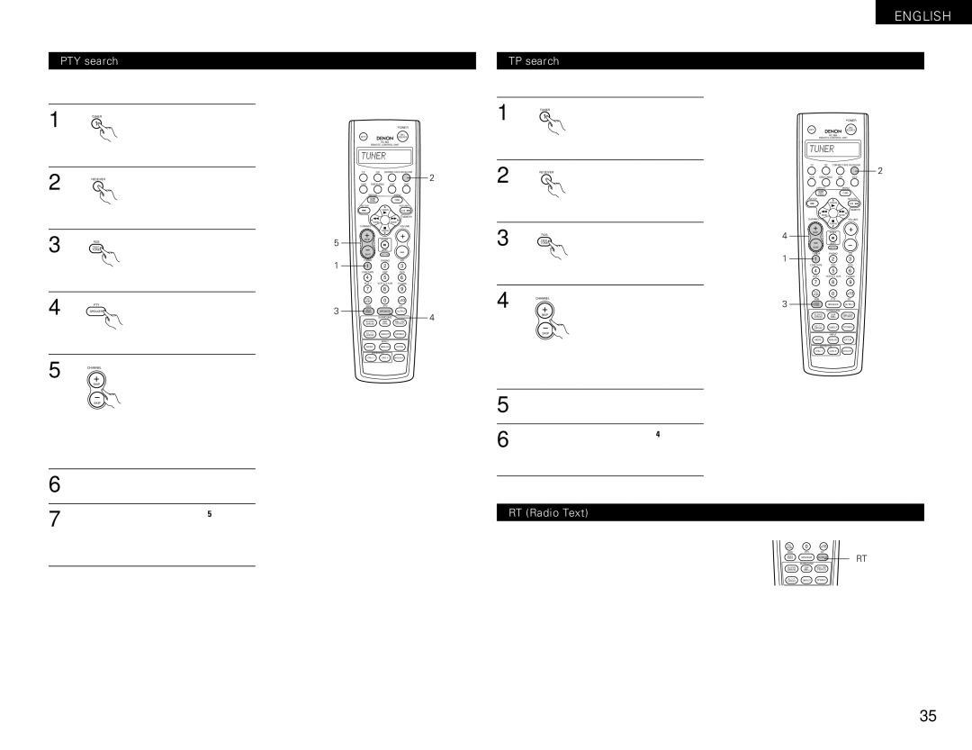 Denon AVR-1082 manual PTY search, TP search, RT Radio Text, TP Search, Programme 