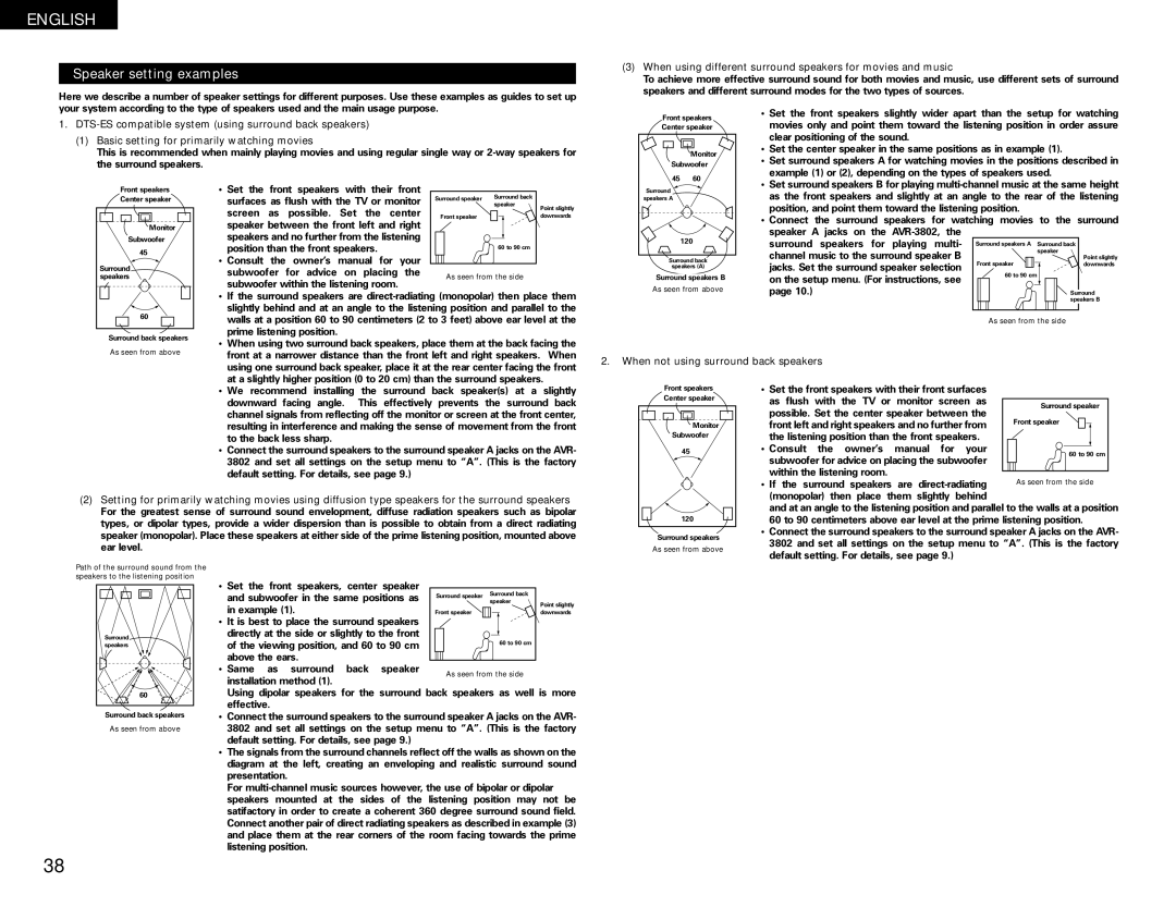 Denon AVR-1082 manual Speaker setting examples, When using different surround speakers for movies and music 