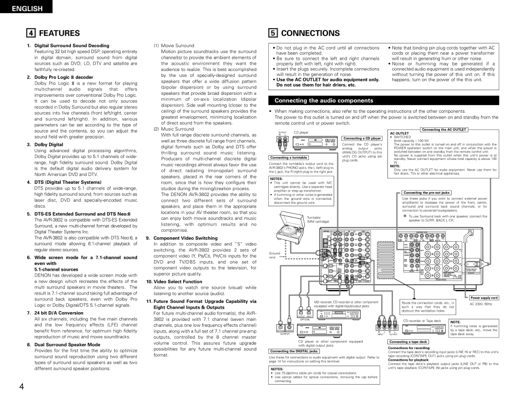 Denon AVR-1082 manual Features, Connections, Connecting the audio components 