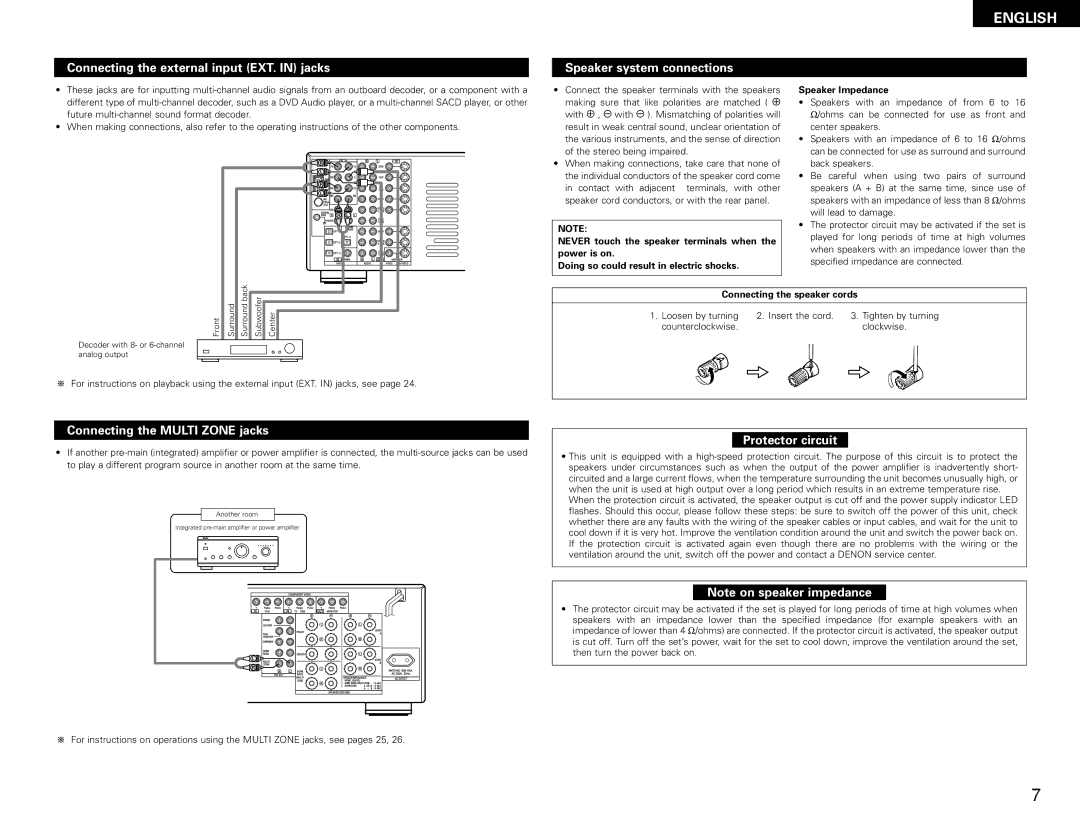 Denon AVR-1082 Connecting the external input EXT. in jacks, Speaker system connections, Connecting the Multi Zone jacks 