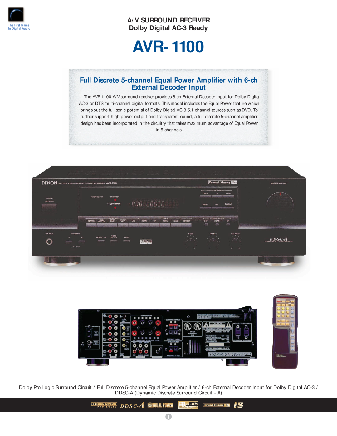 Denon AVR-1100 manual External Decoder Input, A/V SURROUND RECEIVER Dolby Digital AC-3Ready, in 5 channels 