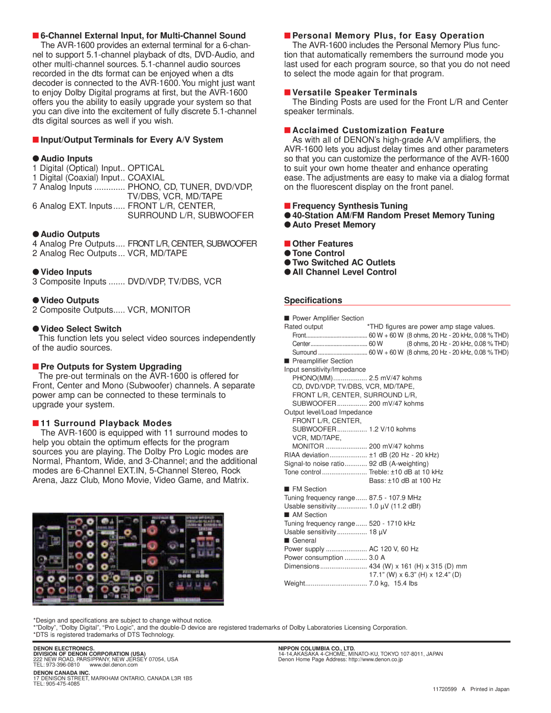 Denon AVR-1600 Channel External Input, for Multi-Channel Sound, Input/Output Terminals for Every A/V System Audio Inputs 