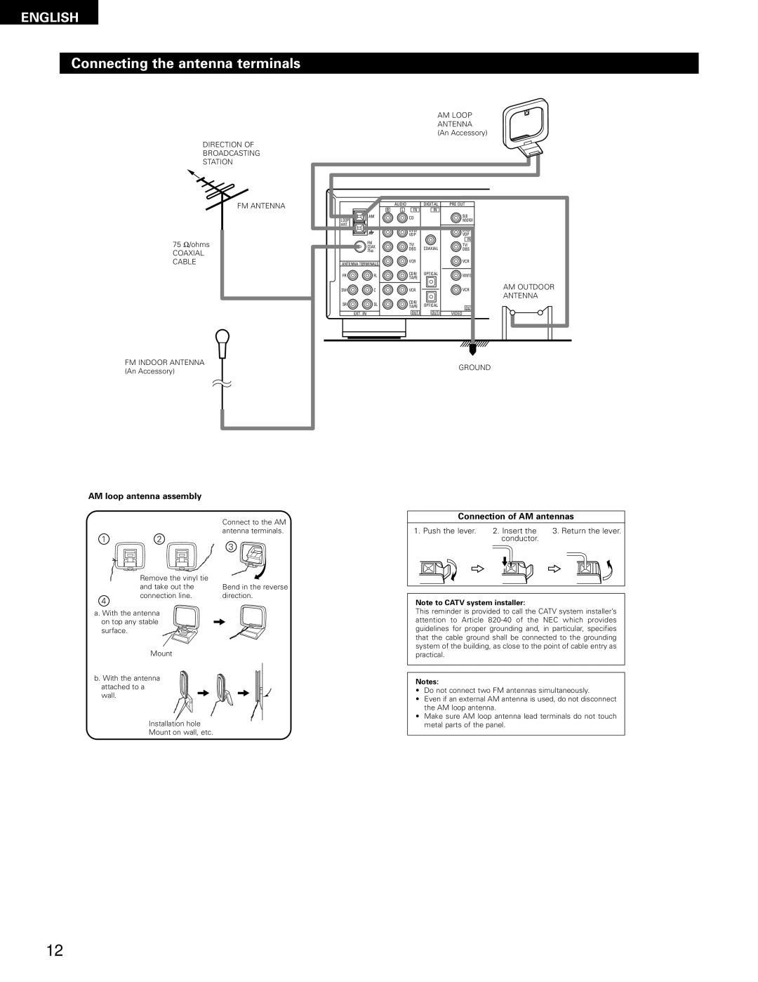 Denon AVR-1602, AVR-682 manual Connecting the antenna terminals, AM loop antenna assembly, Connection of AM antennas 