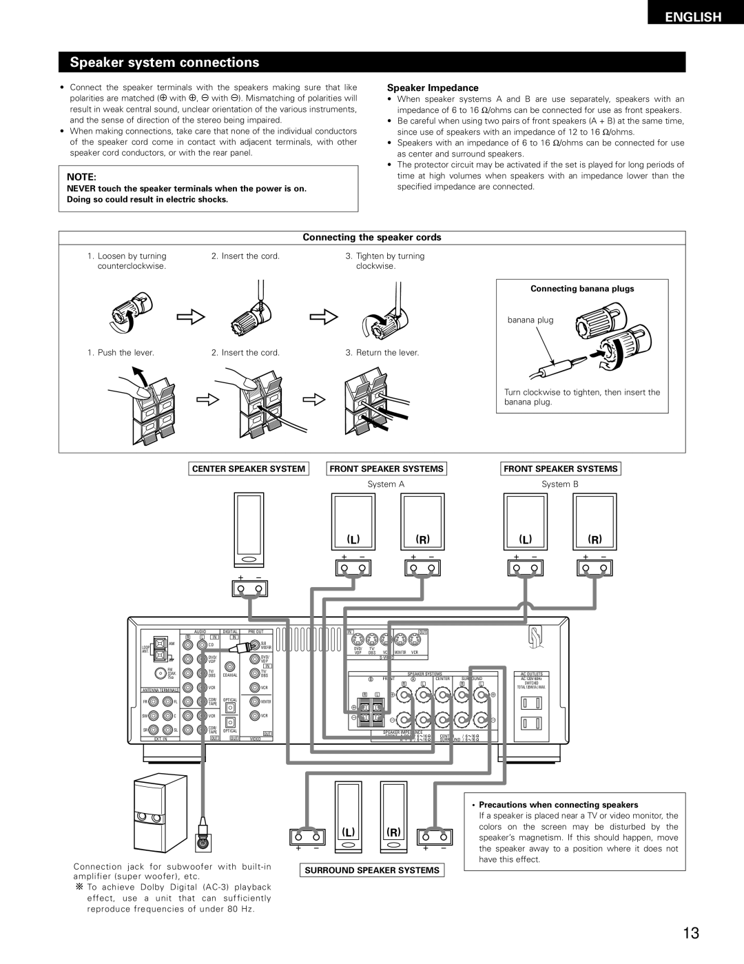 Denon AVR-682 manual Speaker system connections, Speaker Impedance, Connecting the speaker cords, Connecting banana plugs 