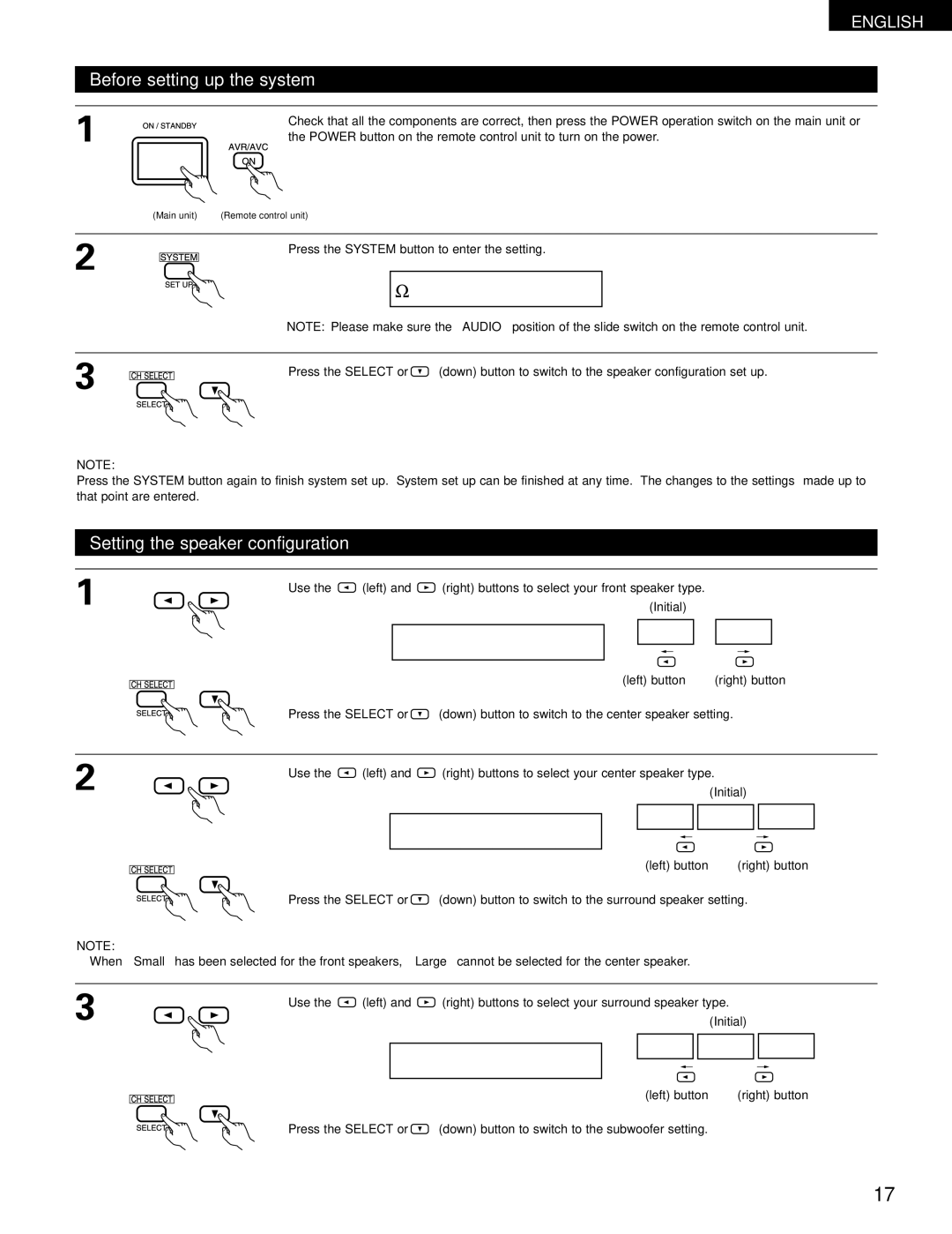 Denon AVR-682, AVR-1602 manual Before setting up the system, Setting the speaker configuration, Left button 