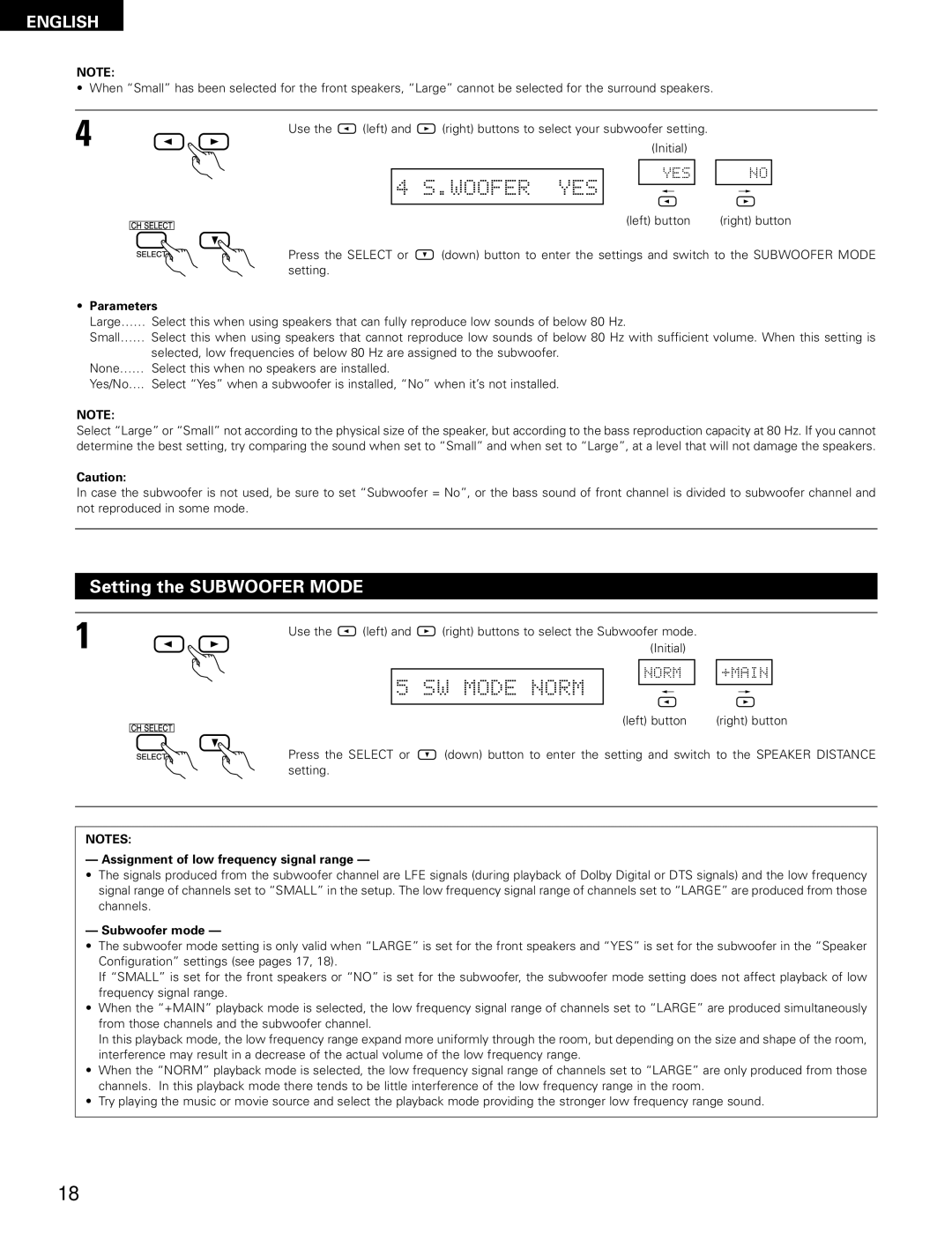 Denon AVR-1602 Setting the Subwoofer Mode, Parameters, Use Left, Assignment of low frequency signal range, Subwoofer mode 