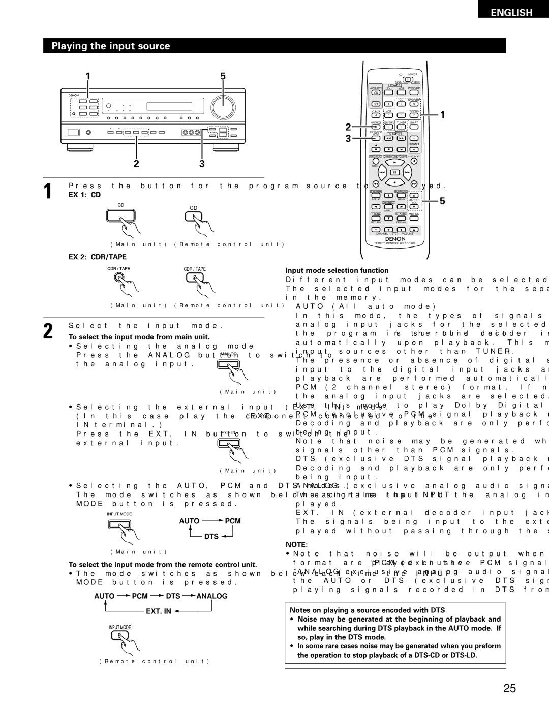 Denon AVR-682 Playing the input source, EX 1 CD, To select the input mode from main unit, Input mode selection function 