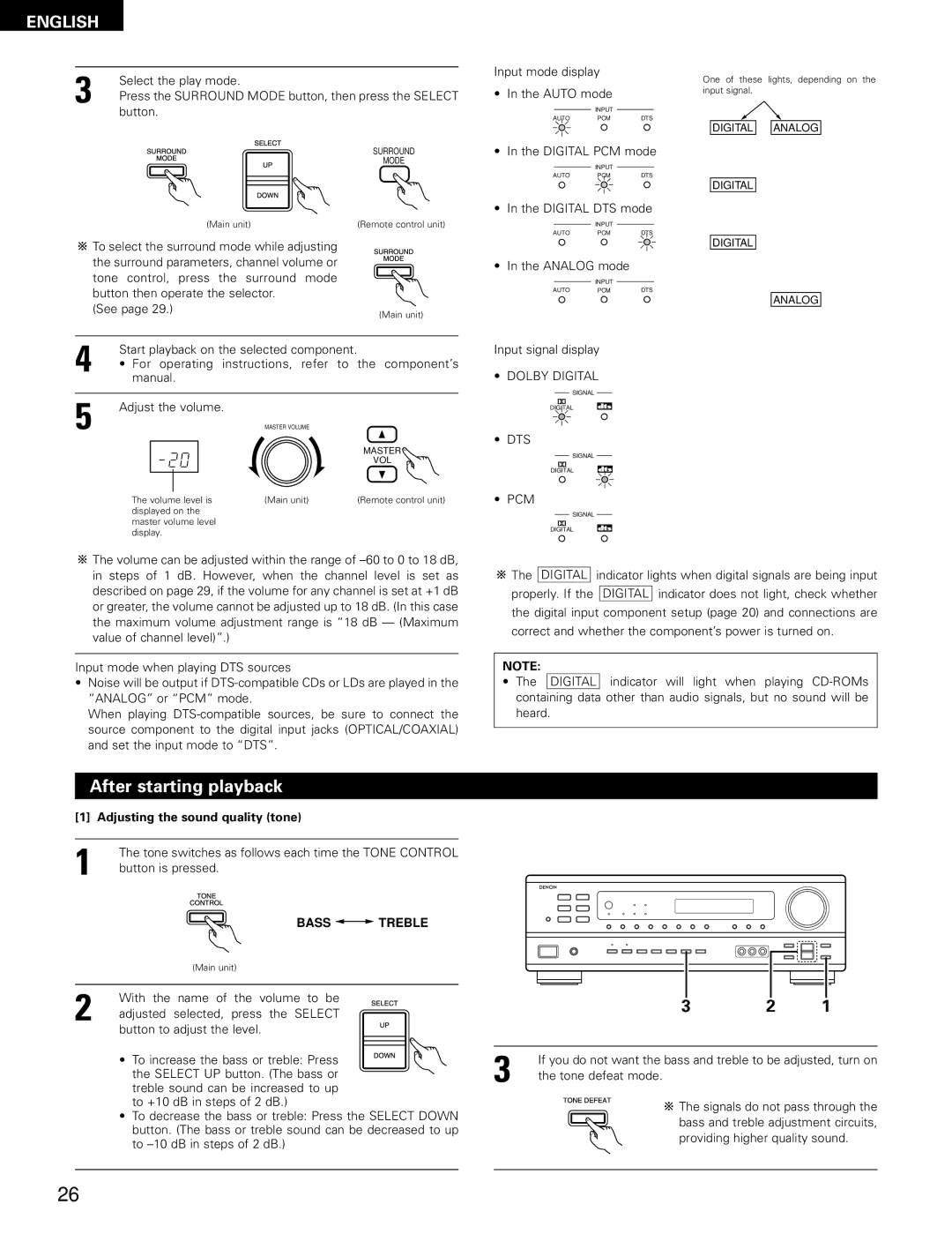 Denon AVR-1602, AVR-682 manual After starting playback, Dolby Digital, Dts, Pcm, Adjusting the sound quality tone 