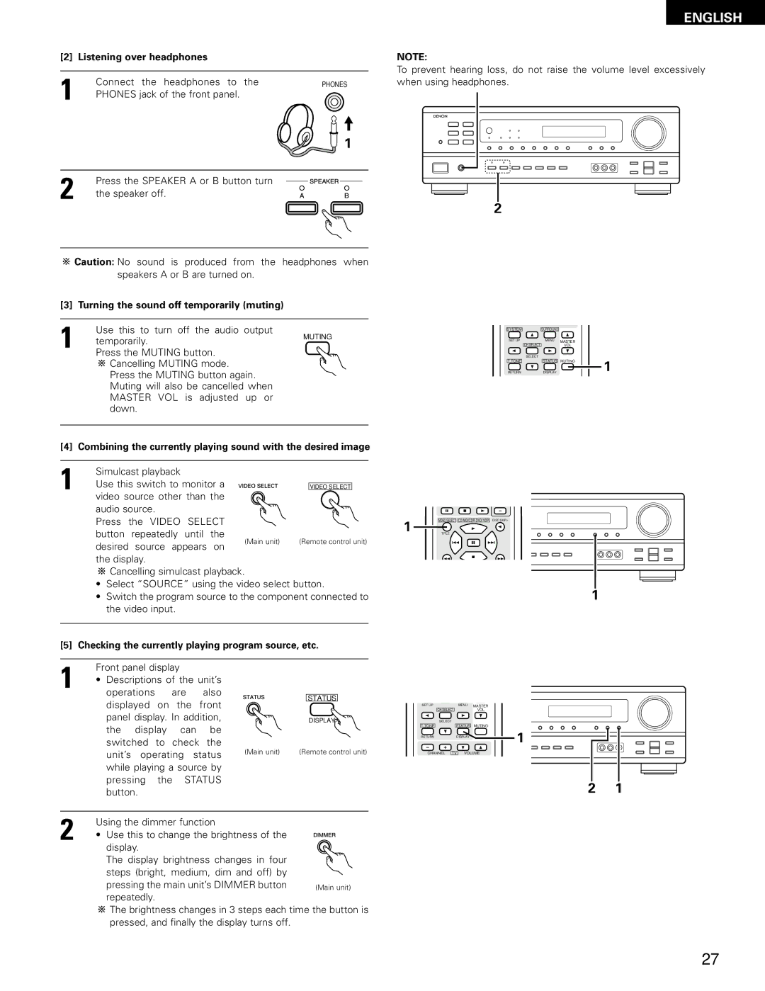 Denon AVR-682, AVR-1602 manual Listening over headphones, Turning the sound off temporarily muting 