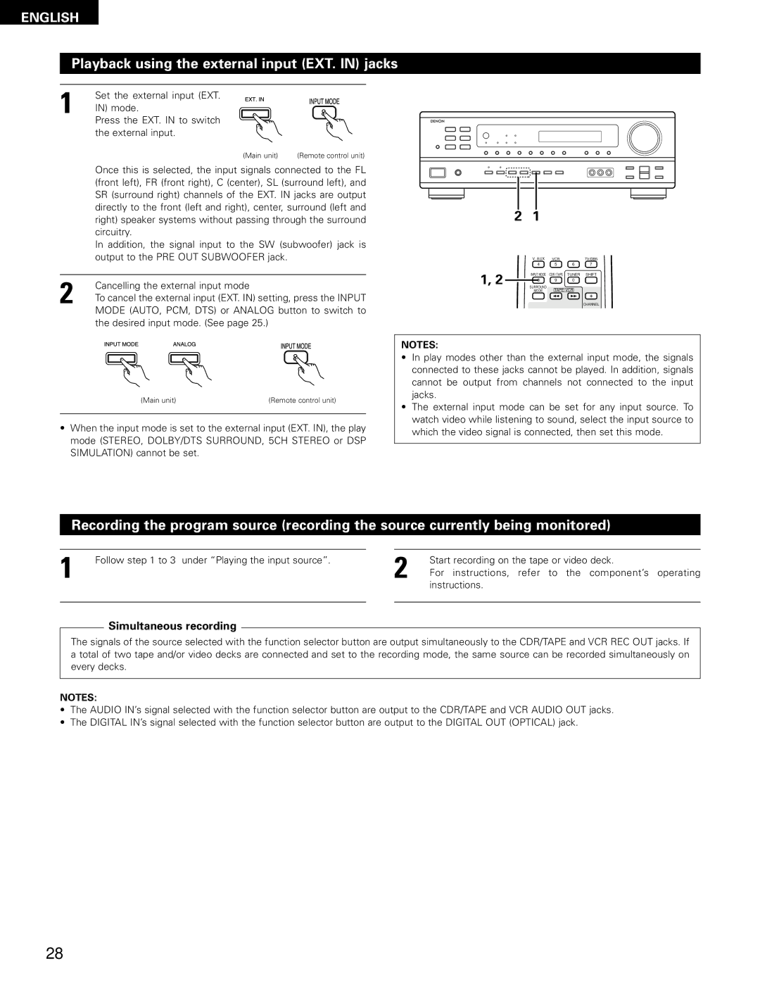 Denon AVR-1602, AVR-682 Playback using the external input EXT. in jacks, Mode AUTO, PCM, DTS or Analog button to switch to 